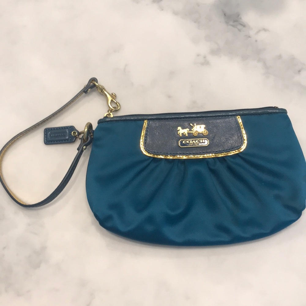 Coach wristlet silk/leather teal/gold